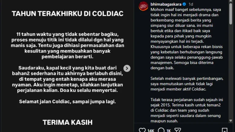 Bhima Bagaskara Umumkan Keluar dari Coldiac Setelah 11 Tahun, Ucap Pesan Manis untuk Fans